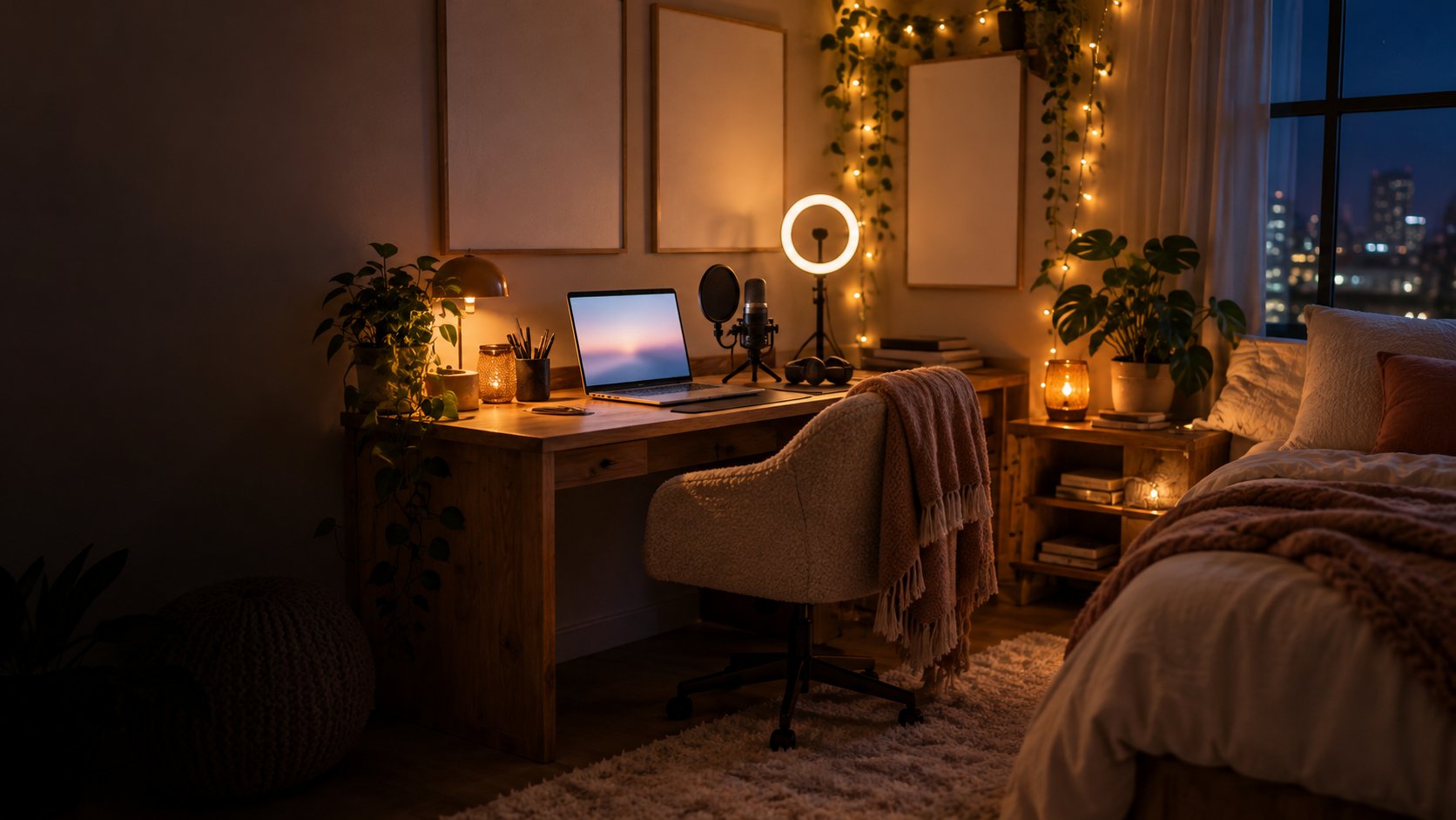 A cozy bedroom corner turned into a small home studio at night, with a microphone and laptop
