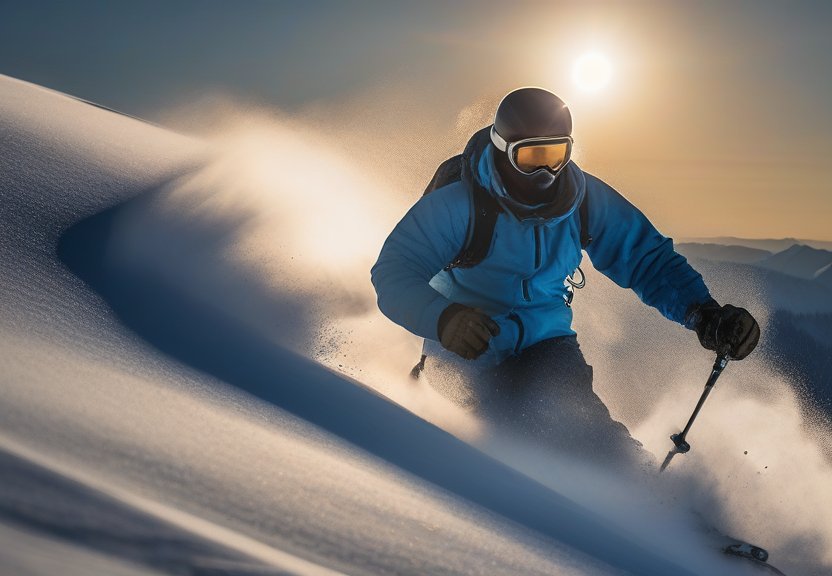 A skier speeding down a snowy mountain slope at sunrise