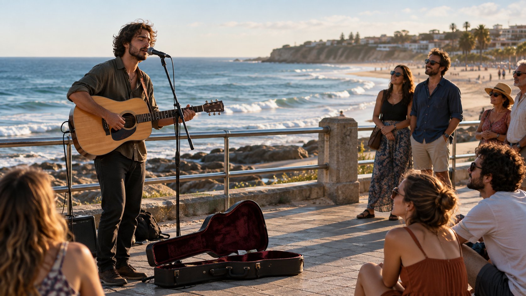 A street musician singing with a guitar on a seaside promenade at sunset, with people gathered around